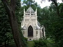 A picture of Andrássy Mausoleum, which was built in 1893 for Gyula Andrássy and is located in Trebišov, which is in Trebišov District.[3]
