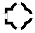 A triconchos floor plan, showing a wall with a door on the left side and three trefoil-like alcoves on the right.