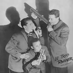 Albert Raisner, Sirio Rossi and Adrien Belin pose holding their harmonica near their mouths, in different poses, looking happy and smiling.