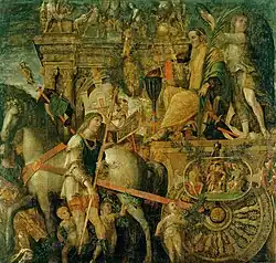 Julius Caesar in his truiumphal car, in one of the nine scenes of the Triumphs of Caesar by Andrea Mantegna (by 1492)