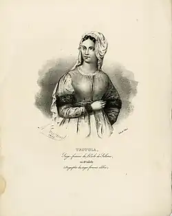 Lithograph portrait of Trotula, facing front, wearing a veil and fur armbands