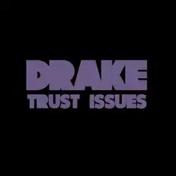 Black background with bold purple-gradient text: "Drake" in large uppercase letters above "Trust Issues" in slightly smaller uppercase letters, both centered with subtle shadows.