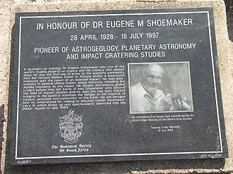 Memorial to Eugene Merle Shoemaker who showed that craters such as Tswaing are formed by impact