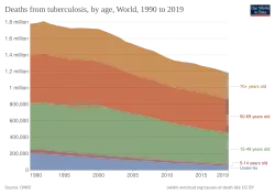 Deaths from tuberculosis, by age, World, 1990 to 2019[171]