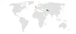 Map indicating locations of Turkmenistan and United Kingdom
