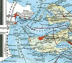 Tuzla Spit on a 1902 map of the Strait of Kerch.
