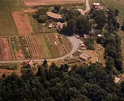 An aerial view of Twin Oaks' main entrance and communal garden