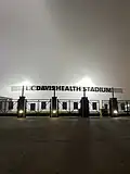 UC Davis Health Stadium entrance with tule fog in December 2025