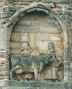 A legend claims that monks carrying the body of Saint Cuthbert were led by a milk maid who had lost her dun cow. They built Durham Cathedral where it was found.[167]
