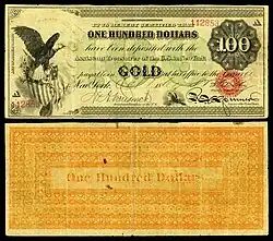 $100 Gold Certificate, Series 1865, Fr.1166c, with a vignette of an eagle and shield (left) and justice (bottom center).