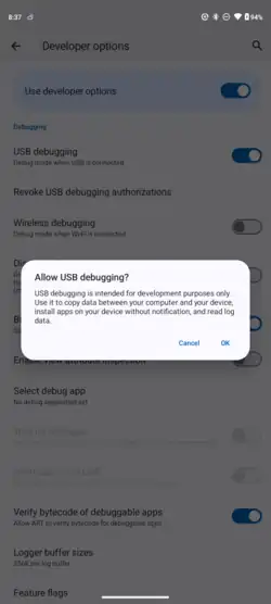 For enabling USB debugging on the Android device, it needs to be enabled in the "developer settings" window