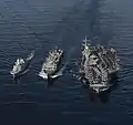 HDMS Peter Willemoes, USS George H.W. Bush and USNS Supply underway on 16 September 2019.