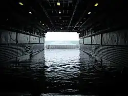 Stern of USS&nbsp;Juneau ballasted for amphibious operations