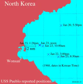 Map showing USS Pueblo's positions January 20–23, 1968.