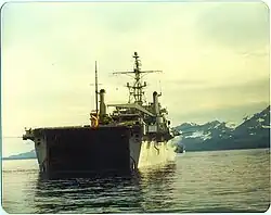 Stern view of Navy ship USS Dubuque off coast of Alaska