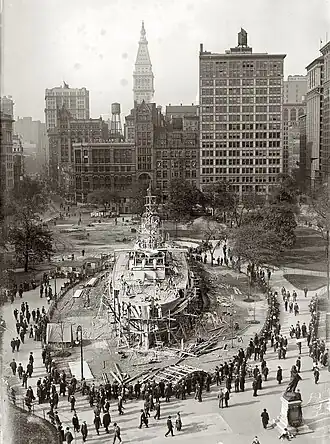 The Landship USS Recruit under construction in Union Square in 1917.