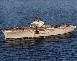 Tripoli underway with the 15th MAU during WESTPAC deployment, late 1987