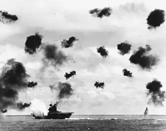 Aircraft carrier USS&nbsp;Yorktown hit by an aerial torpedo during the Battle of Midway