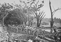Marines in combat equipment marching along a track which is lined with trees, some of which have been stripped of foliage