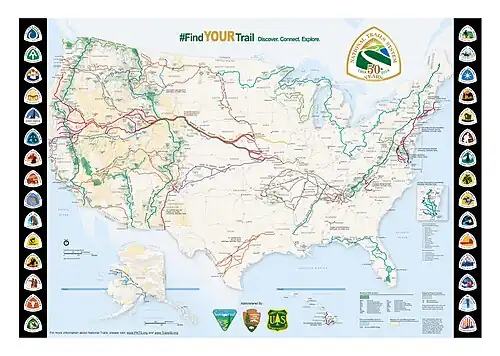 50th Anniversary (2018) map of the United States with trail routes marked and trail logos bordering it