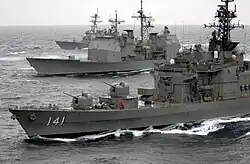 Haruna, USS&nbsp;Lake Champlain and USS&nbsp;Russell underway on 18 March 2007