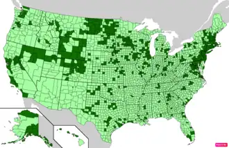 Counties in the United States by median family household income according to the U.S. Census Bureau American Community Survey 2013–2017 5-Year Estimates.[296] Counties with median family household incomes higher than the United States as a whole are in full green.