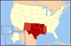 States in dark red are traditionally included in the West South Central states, while states shown in stripes may be broadly included, although they form part of the Mountain states and East South Central states regions