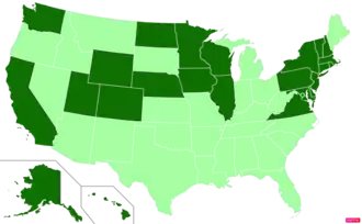 States in the United States by median family household income according to the U.S. Census Bureau American Community Survey 2013–2017 5-Year Estimates.[296] States with median family household incomes higher than the United States as a whole are in full green.