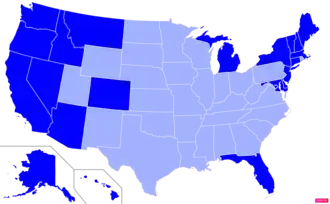 States in the United States by non-Christian (e.g. Non-religious, Jewish, Muslim, Hindu, Buddhist) population according to the Pew Research Center 2014 Religious Landscape Survey.[268] States with non-Christian populations greater than the United States as a whole are in full blue.