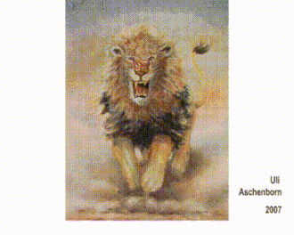 Video f: Attacking Lion, by passing this chameleon-painting its colour changes as shown, 2007, 100 x 80&nbsp;cm