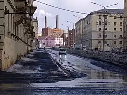 Bogdana Khmelnitskogo street with factories and smokestacks