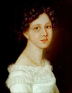 Pastel portrait of a young woman with brown curled hair, wearing a white lace-trimmed dress and a thin necklace.