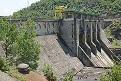 A large concrete dam spans a body of water. The face of the dam has multiple concrete towers rising from it, topped with blue and yellow machinery and support infrastructure. The shores of the body of water are covered in plants. On the far shore is a steep, forested hill.