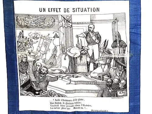 Caricature showing a woman with her head on a chopping block in front of a moustachioed man in military uniform holding an axe.