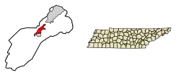 Location of Erwin in Unicoi County, Tennessee.