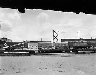 Semi-trailer on flatcar service run by the Union Pacific Railroad in 1955