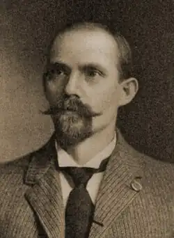 A balding man in a striped suit with a large mustache and a goatee