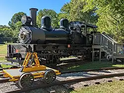 Shay #2147 aka Dorothy with a restored pump car parked on display outside of the Little River Railroad and Lumber Co Museum on Sept 30th 2024. A 70-ton Shay, 2147 was used both for pulling log cars and passenger cars during its run with the Railroad during the 1930s.