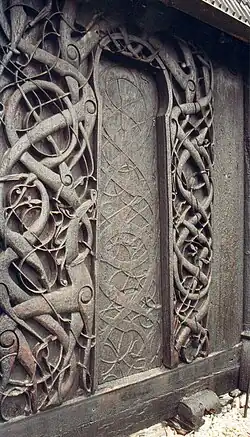 Carving on the Urnes stave church, an example of the Urnes style, Norway