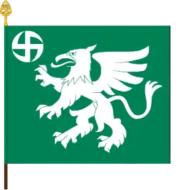 The colour of the Utti Jaeger Regiment features a griffin, representing domination of both air and land. The stylized swastika resembles the spinning rotor of a helicopter and reminds of unit emblem used by the Detached Battalion 4 of World War II.[13]: 116 