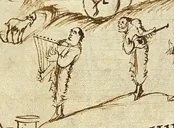9th century A.D., Carolingian Empire. Harp and lute depicted in the Utrecht Psalter