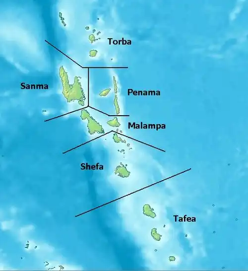 Map of the islands of Vanuatu with black lines in the sea showing the borders between provinces