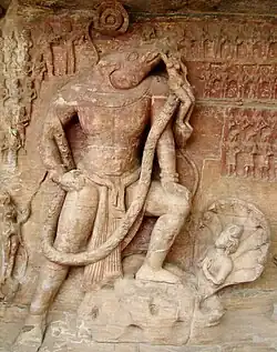 c. 400 CE Vishnu in his Varaha or man-boar avatar rescuing goddess earth. Udayagiri Caves. Reign of Chandragupta II.[141]