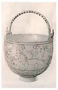 Illustration of the antique silver situla discovered in Tourdan in 1842 representing the four seasons.