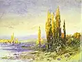 Lombardy Poplars on the Bank of a Lake. Evening.