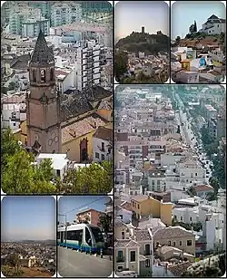 Collage of Vélez-Malaga. Top left: San Juan Bautista Church, top middle: View of Vélez-Málaga Fortress, from Remedios Hill, top right: View of Los Remedios Hermitage, from San Cristbal Hills, bottom left: View of downtown Vélez-Málaga, from Ermita Remedious Hill, bottom middle: Vélez-Málaga tramway, near Torre del Mar Beach, bottom right: View of Vivar Tellez Avenue from San Cristbal Hills.