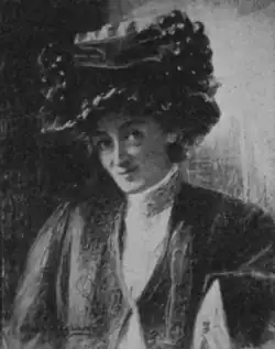 A drawing of a woman wearing a large hat