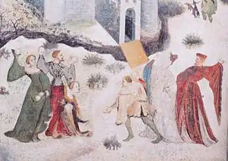 A medieval image from Italy of people throwing snowballs (c. 1400)