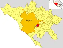Vermicino (blue spot) within the municipalities of Frascati (red), Rome (orange) and the province