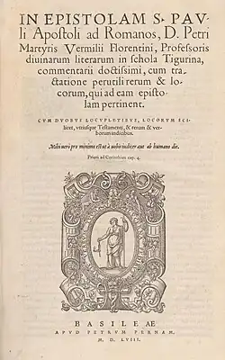 Title page of Vermigli's Romans commentary with printer's mark of woman with lamp and staff, text in Latin